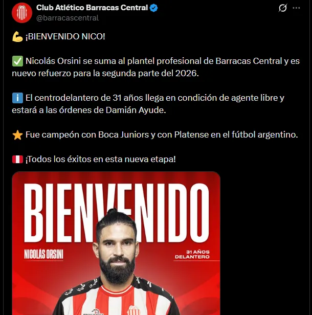 Barracas Central, el nuevo destino de Orsini. (Captura)