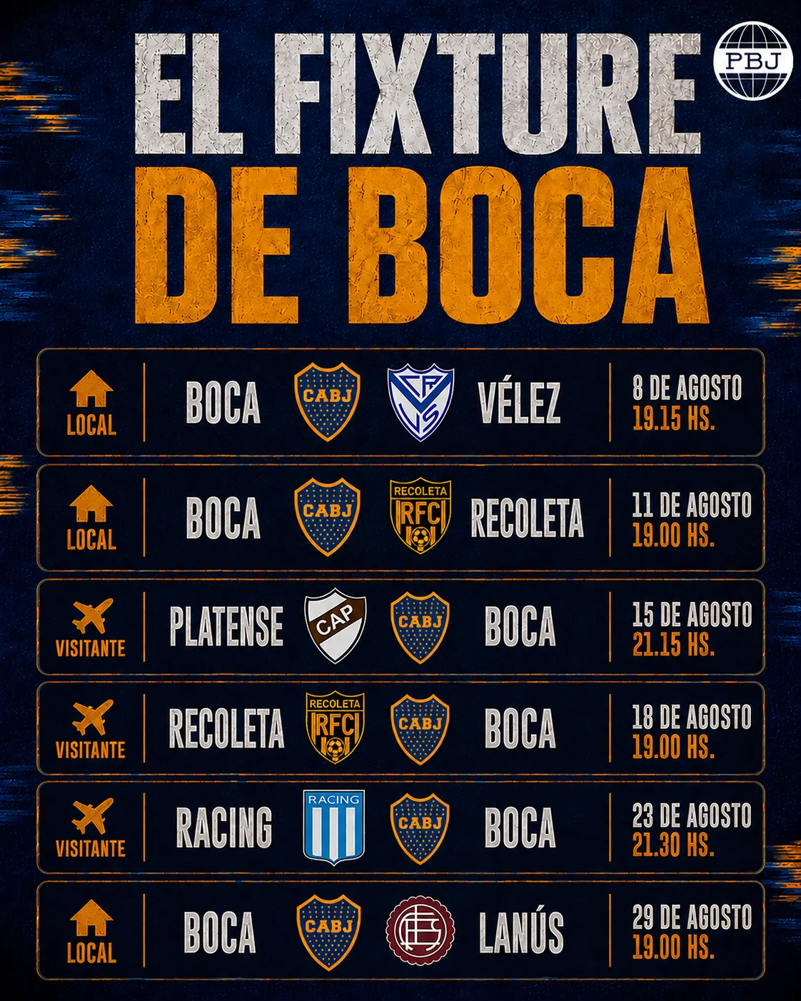 El calendario de Boca en agosto.