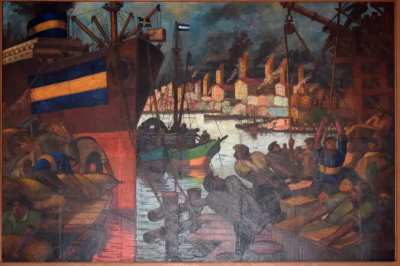 “El origen de la bandera de Boca”, la pintura de Quinquela Martín que está en el hall de La Bombonera.