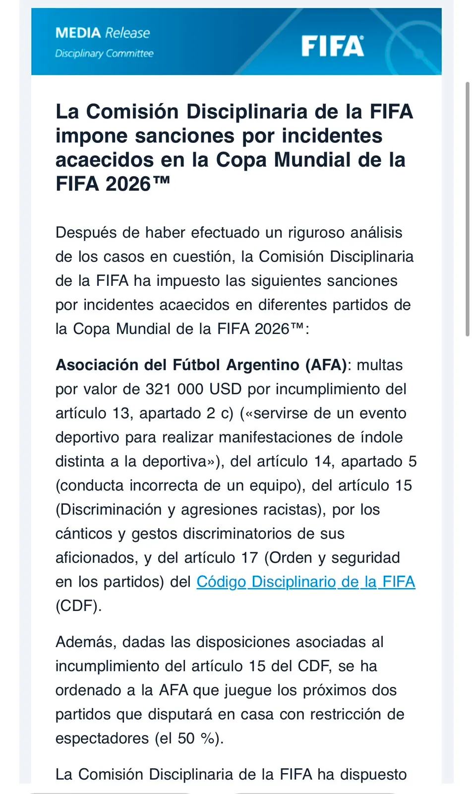 El comunicado de FIFA. (Captura)