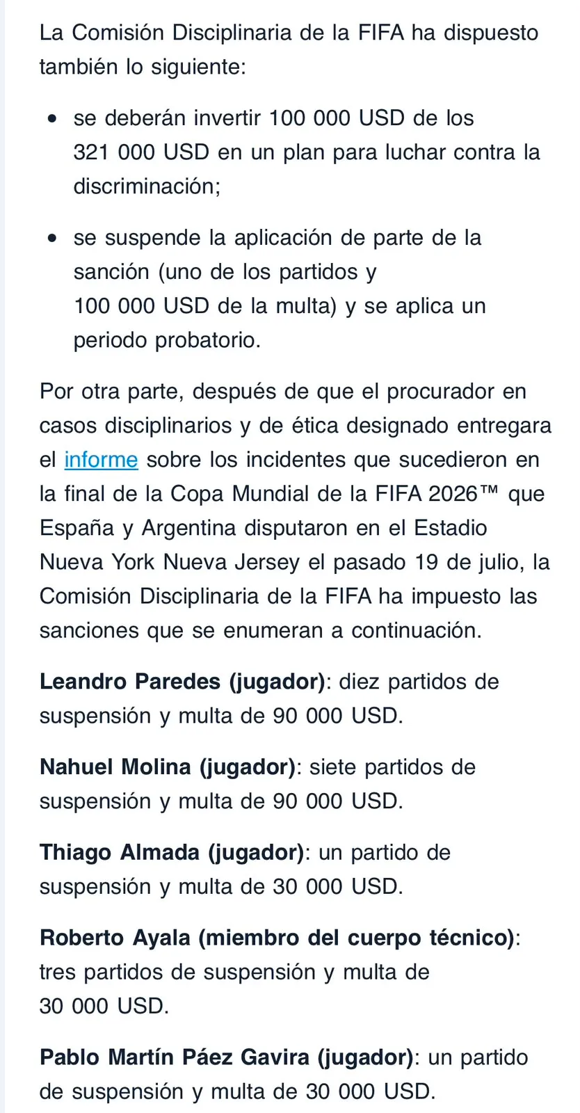 El comunicado de FIFA. (Captura)