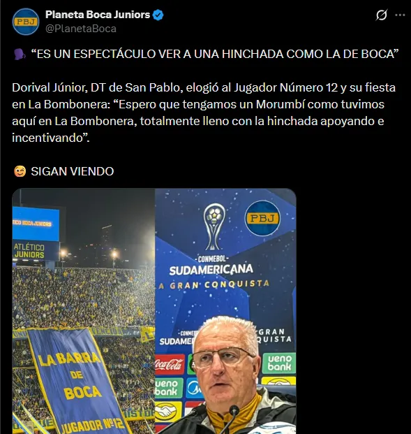 La palabra de Dorival Júnior sobre La Bombonera. (Captura)